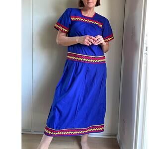 Vintage Ethnic Print Midi Dress Blue Small Boho Festival Style Bright Dopamine